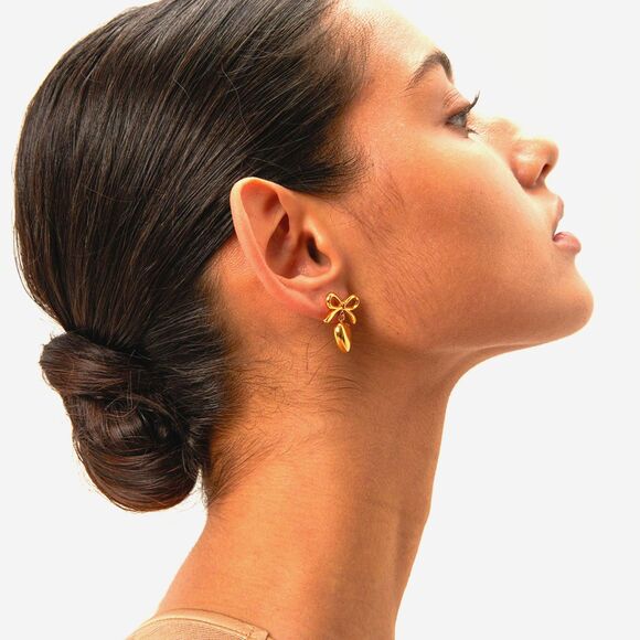 Heart Bow Knot Drop Earrings 18K Gold Plated Elegant Dangle Earrings Gift - Picture 2 of 6